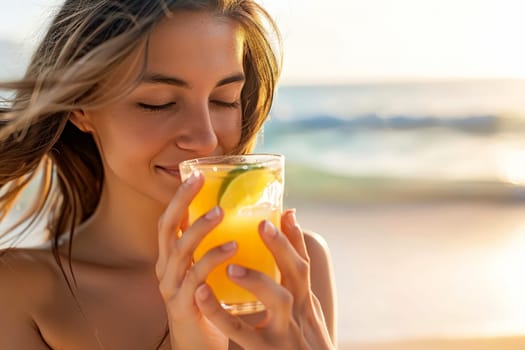 a beach with a blue sky, a stunning girl is shown holding an orange juice glass and staring at the camera, Generative AI..