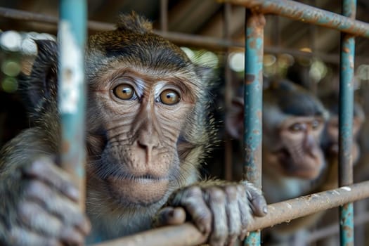 close up monkey caught in cages. . Generative AI.