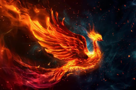 Elegant and powerful phoenix with fire on its wings. A bird with wings of fire. Generative AI.