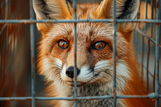 close up red fox caught in cages. . Generative AI.