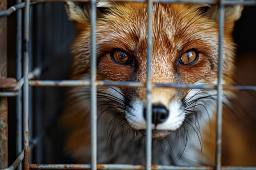 close up red fox caught in cages. . Generative AI.