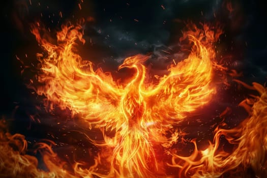 Elegant and powerful phoenix with fire on its wings. A bird with wings of fire. Generative AI.