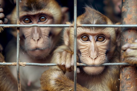 close up monkey caught in cages. . Generative AI.