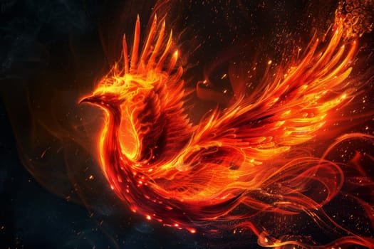 Elegant and powerful phoenix with fire on its wings. A bird with wings of fire. Generative AI.