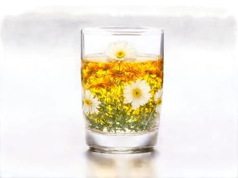 Chrysanthemum Tea Calming chrysanthemum tea in a clear glass with chrysanthemum flowers and a soothing. Drink isolated on transparent background.