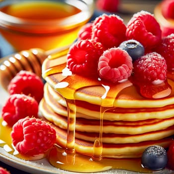 Pancakes with fresh raspberries and honey. AI generated.