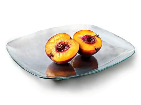 Nectarines halved and grilled served on a transparent glass plate sweet and smoky. Food isolated on transparent background.