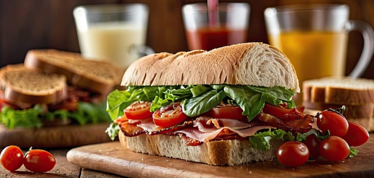 sandwich, extra bacon, seed bread displayed on wooden board in rustic diner