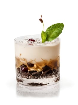 White Russian with cherry and sprig of mint in rocks glass. Drink isolated on transparent background.