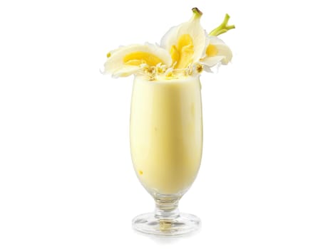 Banana Juice Creamy banana juice in a curvy glass banana slices and vanilla flowers gentle. Drink isolated on transparent background.