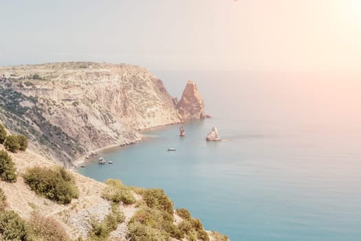 Aerial panoramic view of beautiful sunset above sea. Beautiful seascape. Sun glare, small waves on the water surface. Evening. Horizon. Nobody. No people. Copy space. Never-ending beauty of nature