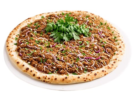 Lahmacun with minced meat onions and herbs. Food isolated on transparent background.