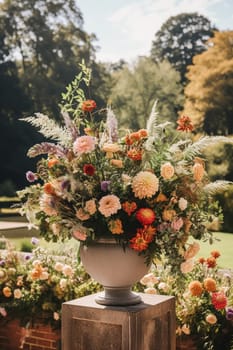 Floral decoration, wedding decor and autumn holiday celebration, autumnal flowers and event decorations in the English countryside garden, country style idea