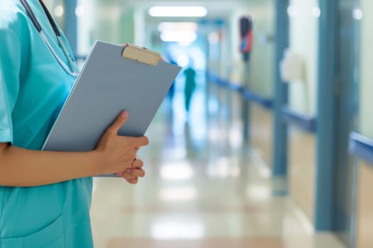 Close up of a nurse holding a clipboard in a hospital hallway.