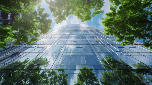 low angle view of sustainable office glass building surrounded by green trees.
