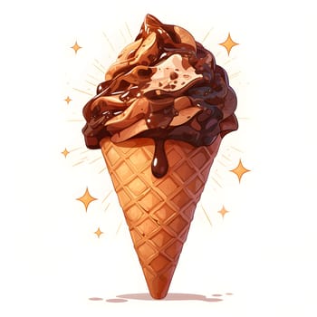 Indulge in a creamy chocolate ice cream cone drizzled with rich chocolate sauce, displayed on a pristine white background, showcasing the delicious dessert at its finest