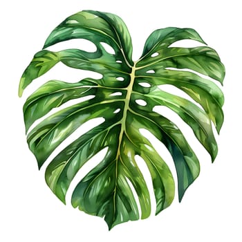 A lush, tropical plant leaf with vibrant green hues showcased on a clean white background. The intricate pattern of the leaf is reminiscent of an artistic masterpiece