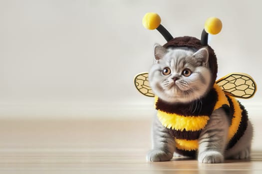 Cute gray cat of the British breed dressed in a bee costume, light background. Bee day or halloween concept.