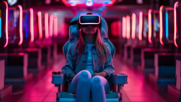 A woman wearing a virtual reality headset is looking at a cityscape. Concept of immersion and wonder as the woman explores the virtual world