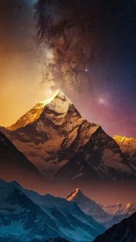 Panoramic view of great Himalayan range at evening, with the mountains glowing in the warm light of the starry night with a lot of stars, for content creation