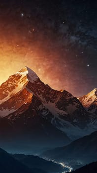 Panoramic view of great Himalayan range at evening, with the mountains glowing in the warm light of the starry night with a lot of stars, for content creation