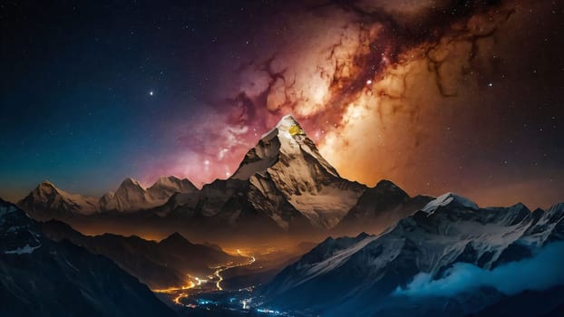 Panoramic view of great Himalayan range at evening, with the mountains glowing in the warm light of the starry night with a lot of stars, for content creation