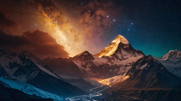 Panoramic view of great Himalayan range at evening, with the mountains glowing in the warm light of the starry night with a lot of stars, for content creation