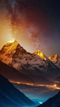 Panoramic view of great Himalayan range at evening, with the mountains glowing in the warm light of the starry night with a lot of stars, for content creation