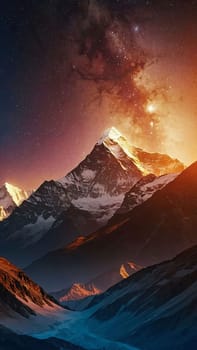 Panoramic view of great Himalayan range at evening, with the mountains glowing in the warm light of the starry night with a lot of stars, for content creation