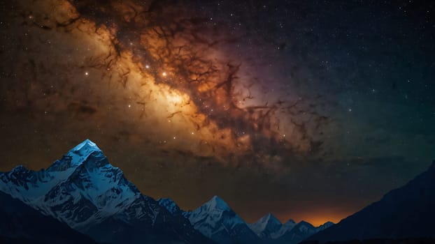 Panoramic view of great Himalayan range at evening, with the mountains glowing in the warm light of the starry night with a lot of stars, for content creation