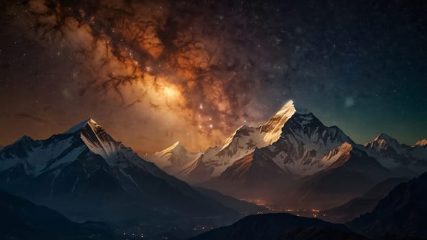 Panoramic view of great Himalayan range at evening, with the mountains glowing in the warm light of the starry night with a lot of stars, for content creation