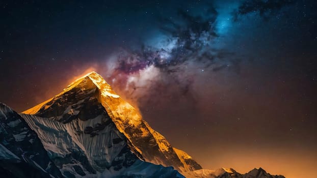 Panoramic view of great Himalayan range at evening, with the mountains glowing in the warm light of the starry night with a lot of stars, for content creation