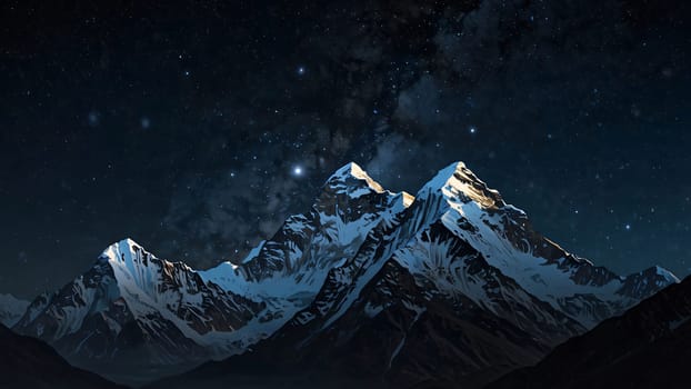 Panoramic view of great Himalayan range at evening, with the mountains glowing in the warm light of the starry night with a lot of stars, for content creation