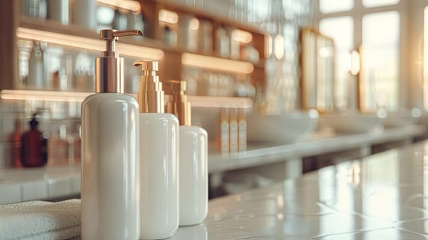 White and gold shampoo and conditioner bottles on a bathroom counter with a white towel.