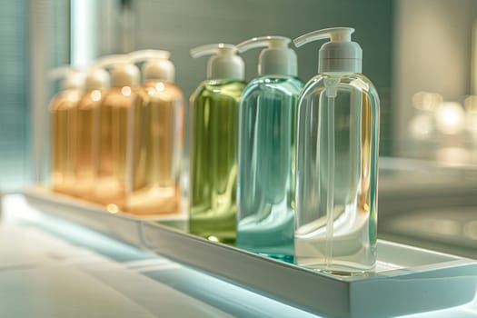 Bottles of shampoo and conditioner on a shelf in a stylish bathroom.