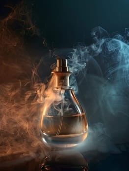 A close-up of an elegant perfume bottle with a golden top, surrounded by delicate mist, set against a dark background.