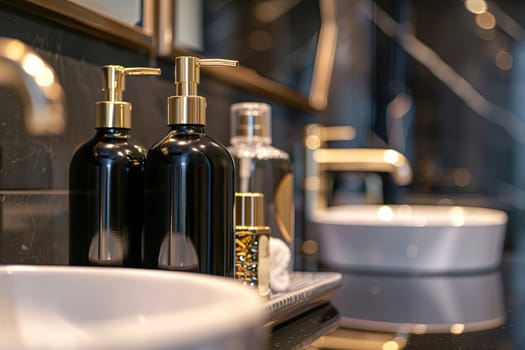 Close-up of luxurious black shampoo and conditioner bottles with gold accents, set in a modern bathroom.