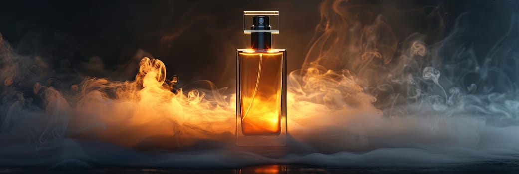 A close-up of a perfume bottle with mist emanating from it, set against a dark background.