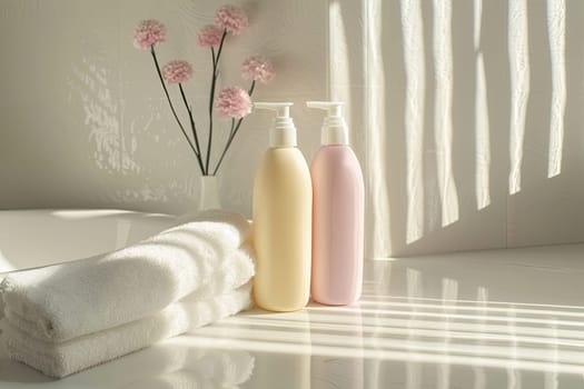 Two bottles of shampoo and conditioner sit on a white bathroom countertop, with a rolled-up towel and a vase of flowers in the background.