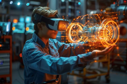 A man is looking at a car with a VR headset on. The car is a futuristic design with bright orange accents. The man is examining the car's engine, possibly making adjustments or repairs