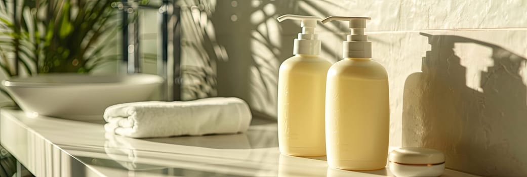 Close up of two stylish shampoo bottles on a countertop.