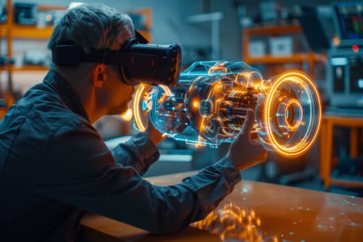 A man is looking at a car with a VR headset on. The car is a futuristic design with bright orange accents. The man is examining the car's engine, possibly making adjustments or repairs