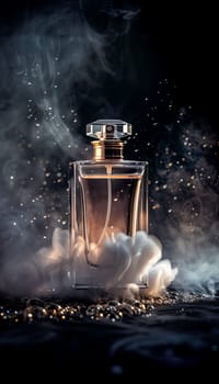 A close-up of a glass perfume bottle with a golden cap, releasing a delicate mist of fragrance on a dark, textured background.