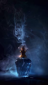 A close-up of a blue glass perfume bottle with a gold top, releasing a wispy mist against a dark background.