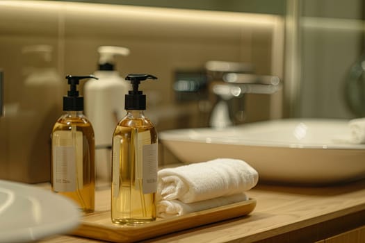 Three bottles of shampoo and conditioner, one white and two amber-colored, sit on a wooden tray in a clean bathroom setting.