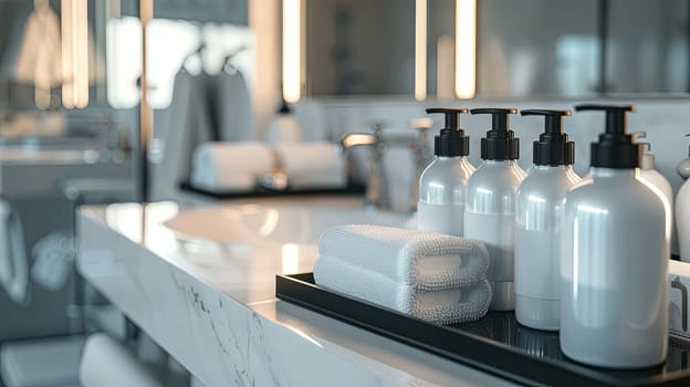 Stylish bottles of shampoo and conditioner sit on a marble counter in a bathroom.