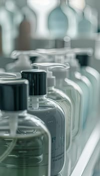 A close-up shot of sleek shampoo and conditioner bottles on a shelf in a modern bathroom.