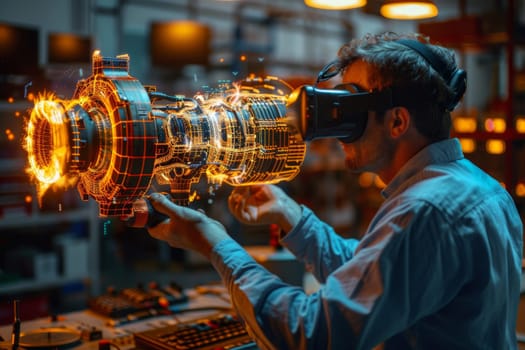 A man is looking at a car with a VR headset on. The car is a futuristic design with bright orange accents. The man is examining the car's engine, possibly making adjustments or repairs