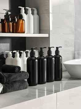 A close-up of four stylish, black shampoo and conditioner bottles on a bathroom countertop.