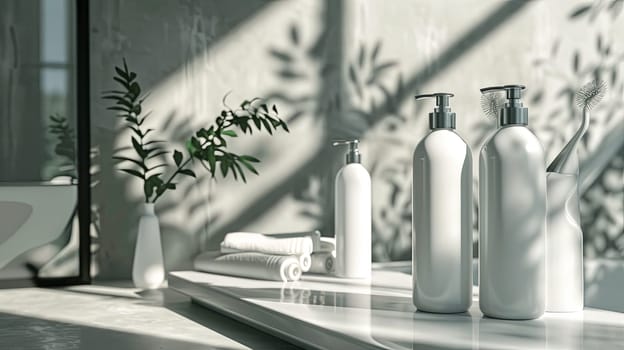 Clean white bottles of shampoo and conditioner sit on a white counter in a well-lit bathroom.